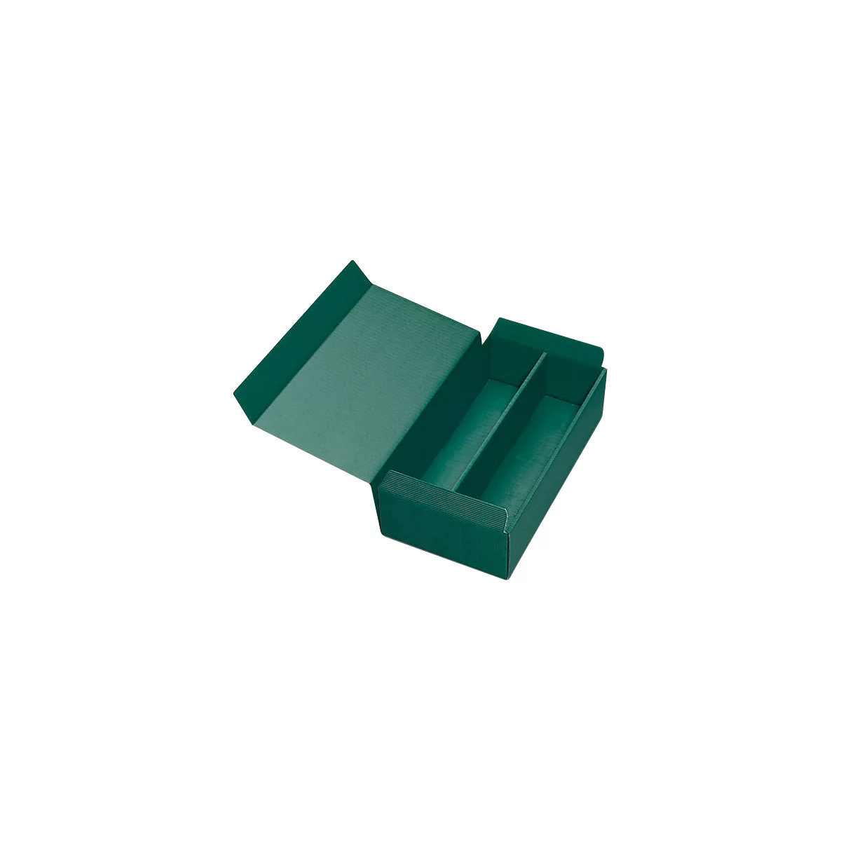 Open green cardboard box with two compartments. The lid is open.