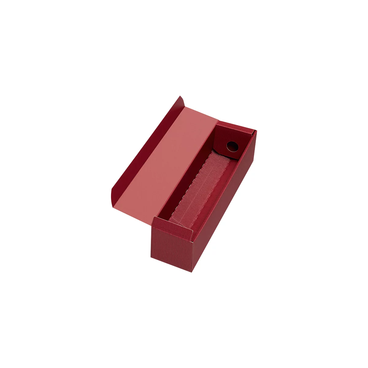 Opened red archive box with a ribbed outer structure. The lid is raised.