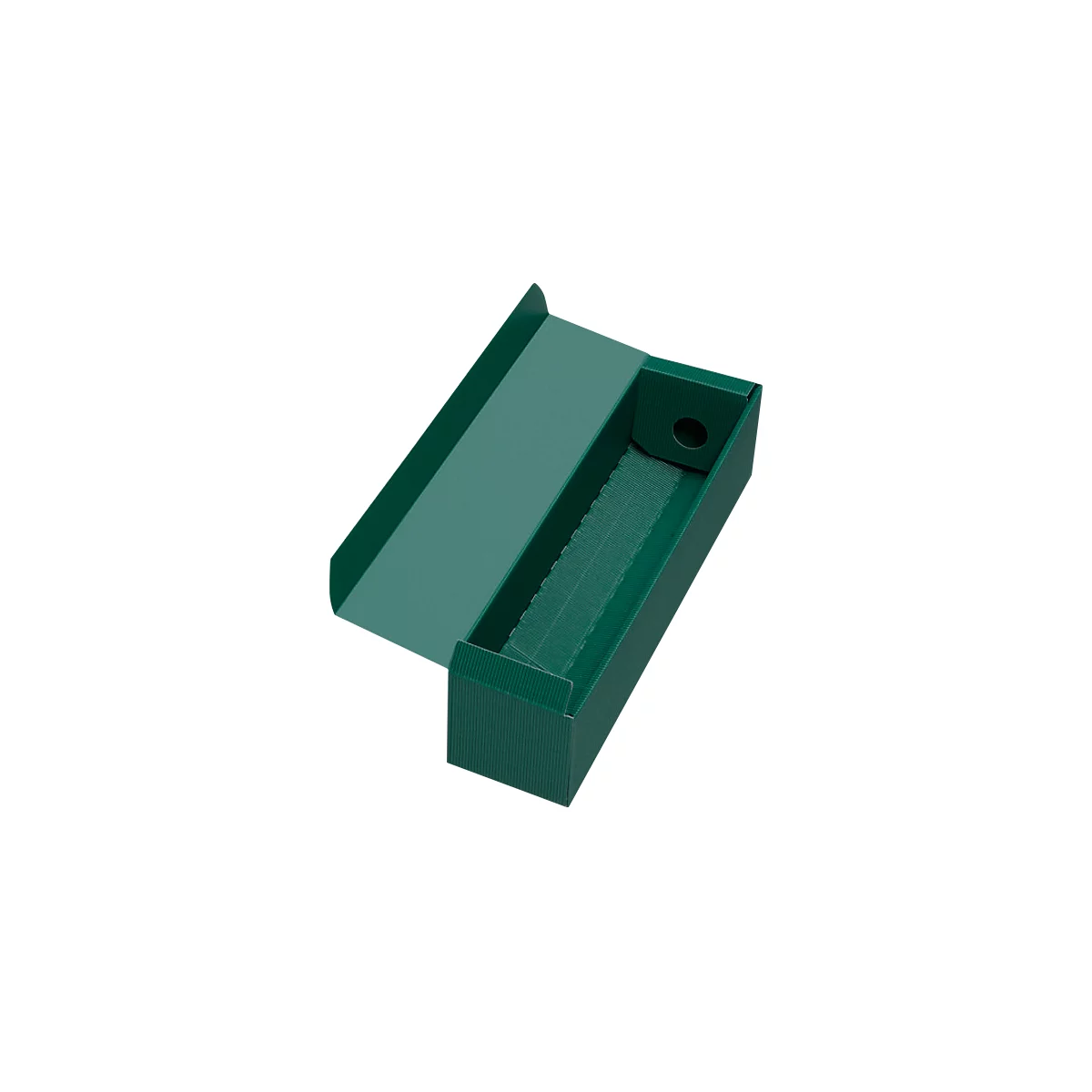 A green box, open. The lid is at an angle, and a plastic part can be seen inside.
