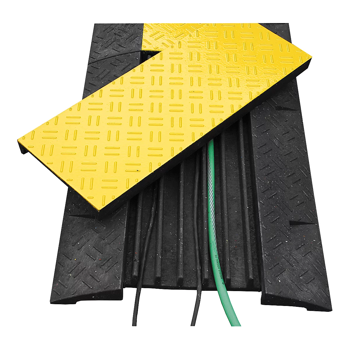 Puente para cables, 5 conductos para cables, con cubierta desmontable y 4 reflectores, capacidad de carga de hasta 25 toneladas, material reciclado, negro/amarillo