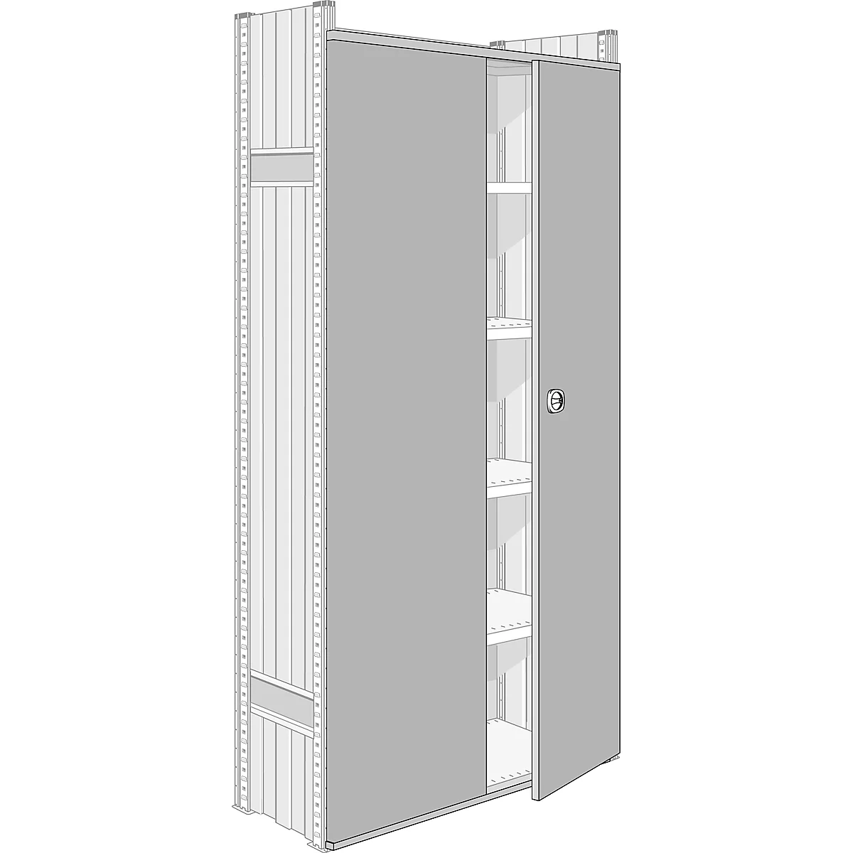 Puerta de doble hoja para estanterías sin tornillos R 3000/4000, para anchura de nave 1283 mm, altura 2111 mm, plata clara
