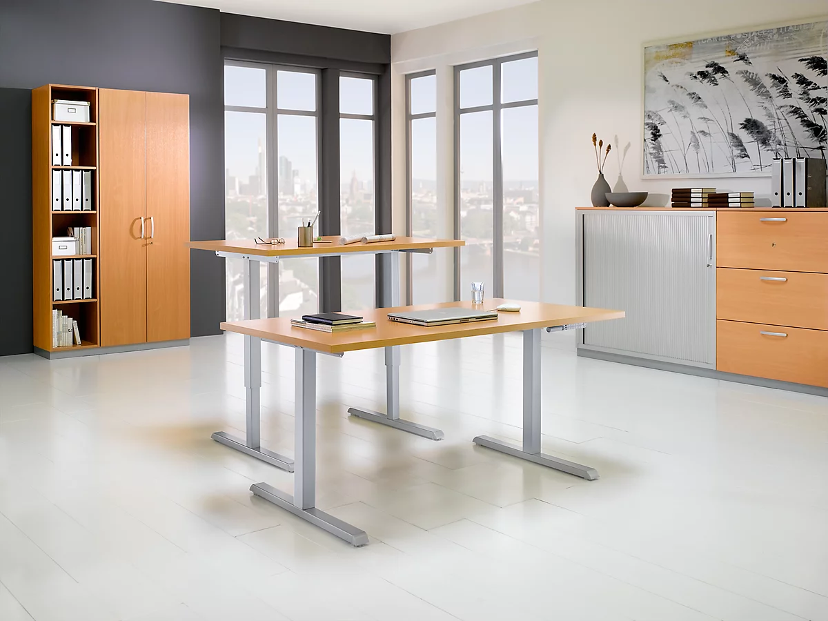 Puesto para trabajo sentado/de pie, mesa de manivela Multiflex, ajustable en altura, An 1600 mm, ac. haya/alu. bl.