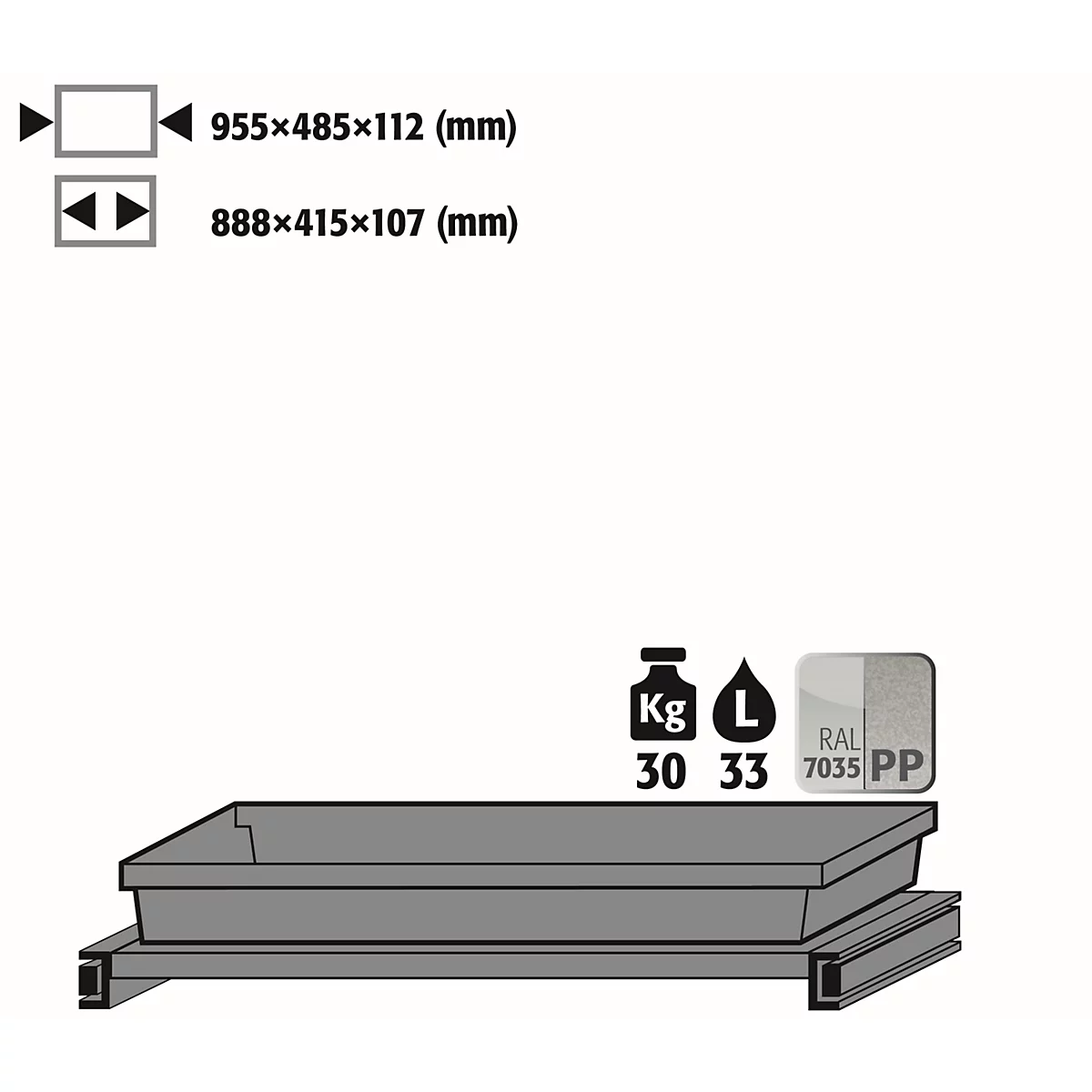 Gray plastic tray on a metal frame with dimensions, weight, and volume.