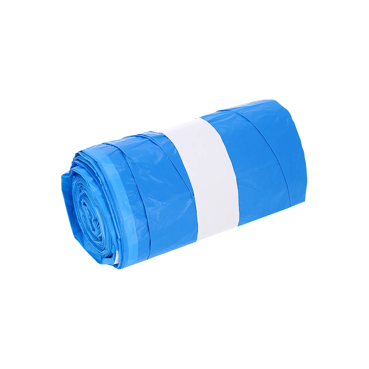Rolled blue garbage bags wrapped with white band.
