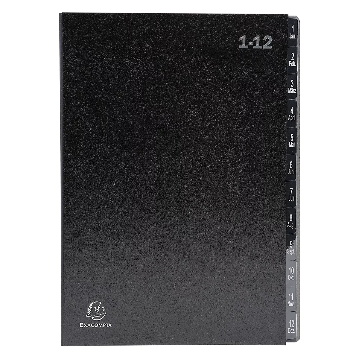 Pultordner Exacompta 57012E, Format A4, 12 Fächer, Taben 1-12/Jan-Dez, B 250 x H 330 mm, Blauer Engel, Recycling-Karton, schwarz