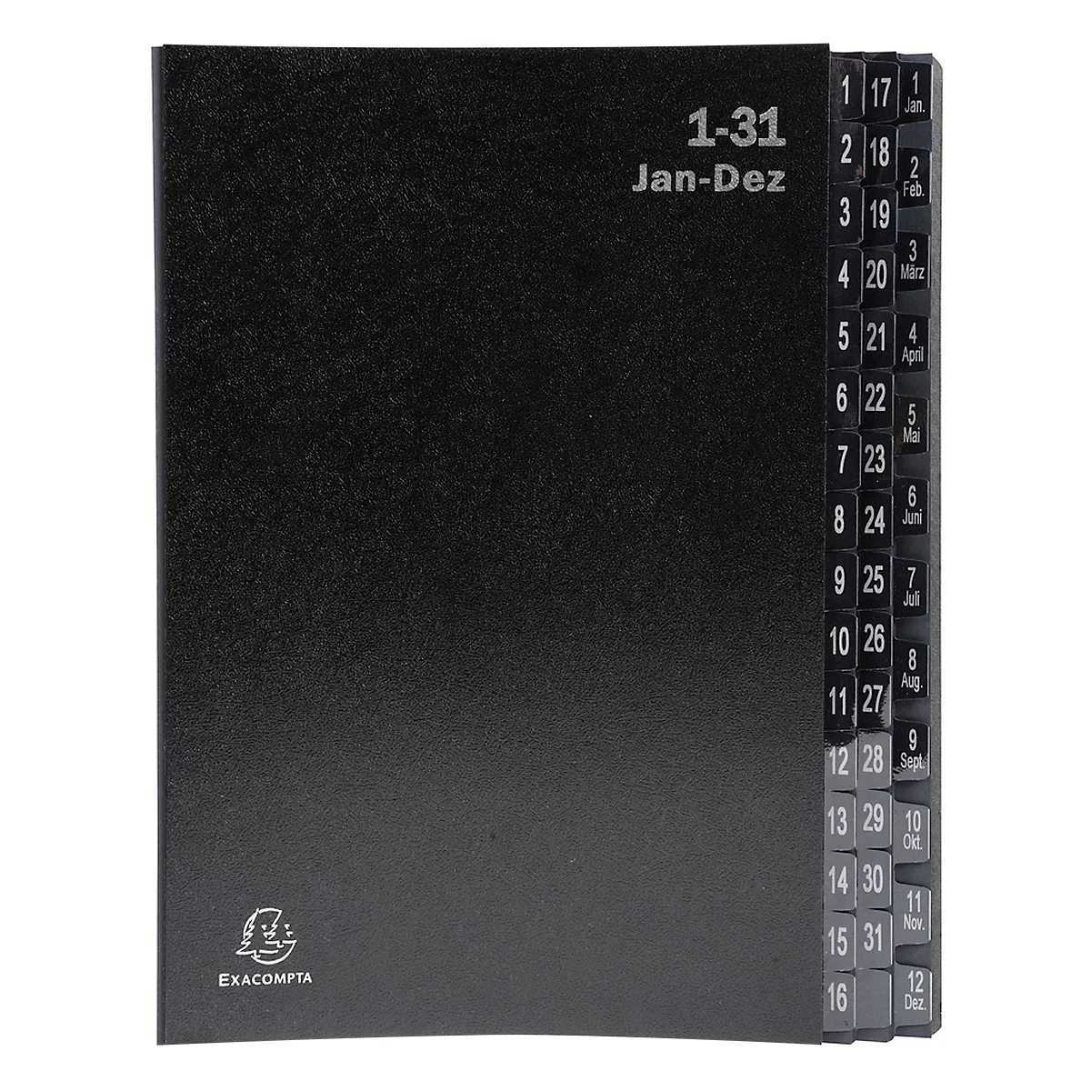 Pultordner Exacompta 57044E, Format A4, 44 Fächer, Taben 1-12/1-31/Jan-Dez, B 250 x H 330 mm, Blauer Engel, Recycling-Karton, schwarz