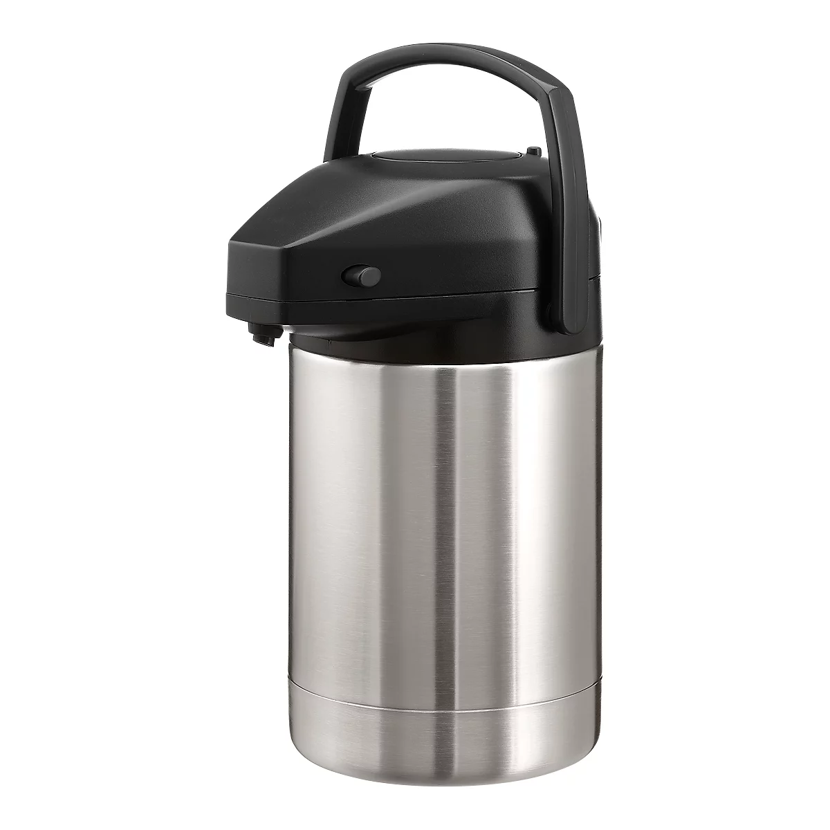Stainless steel thermos with black lid and carrying handle.