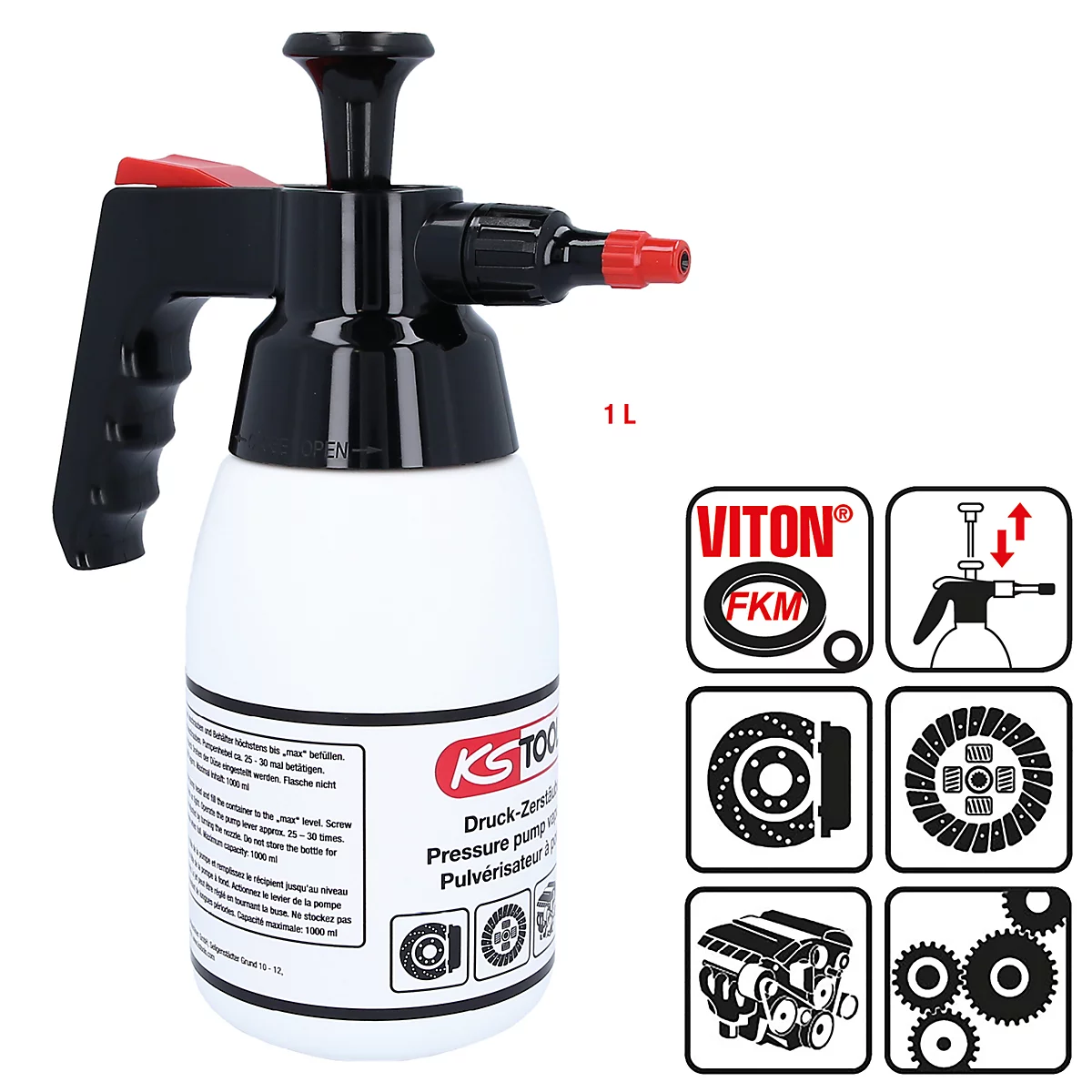 Druckzerstäuber in Schwarz-Weiß, mit rotem Hebel und Sprühdüse. 1-Liter-Fassungsvermögen. Aufkleber mit Herstellerlogo und Informationen.