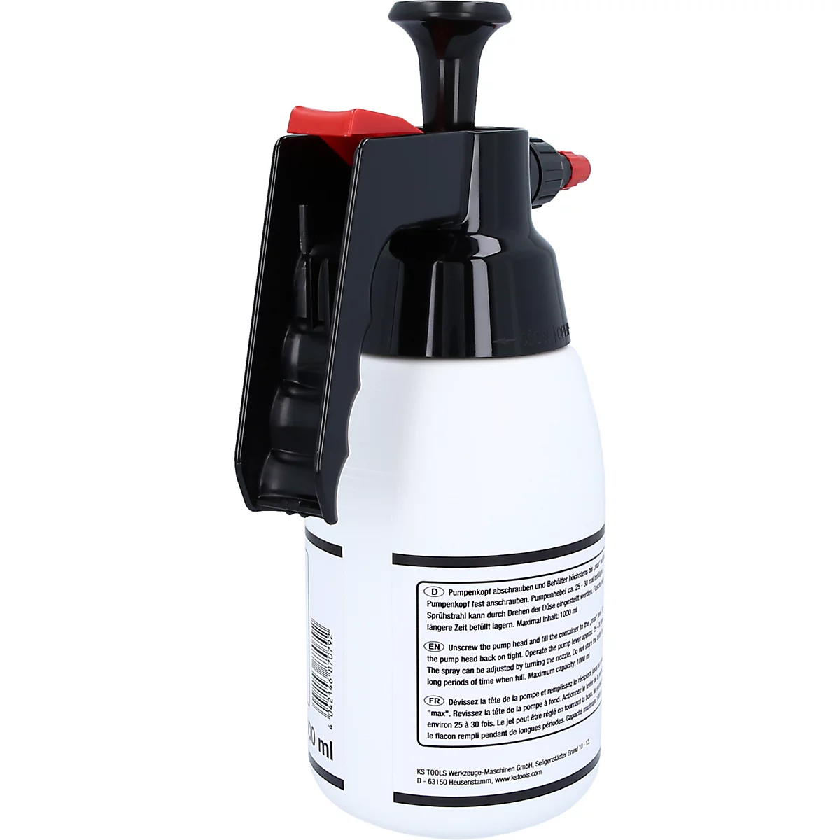 Weiße Sprühflasche mit schwarzem Kopf und rotem Hebel. Beschriftung und Messskala sind aufgedruckt.