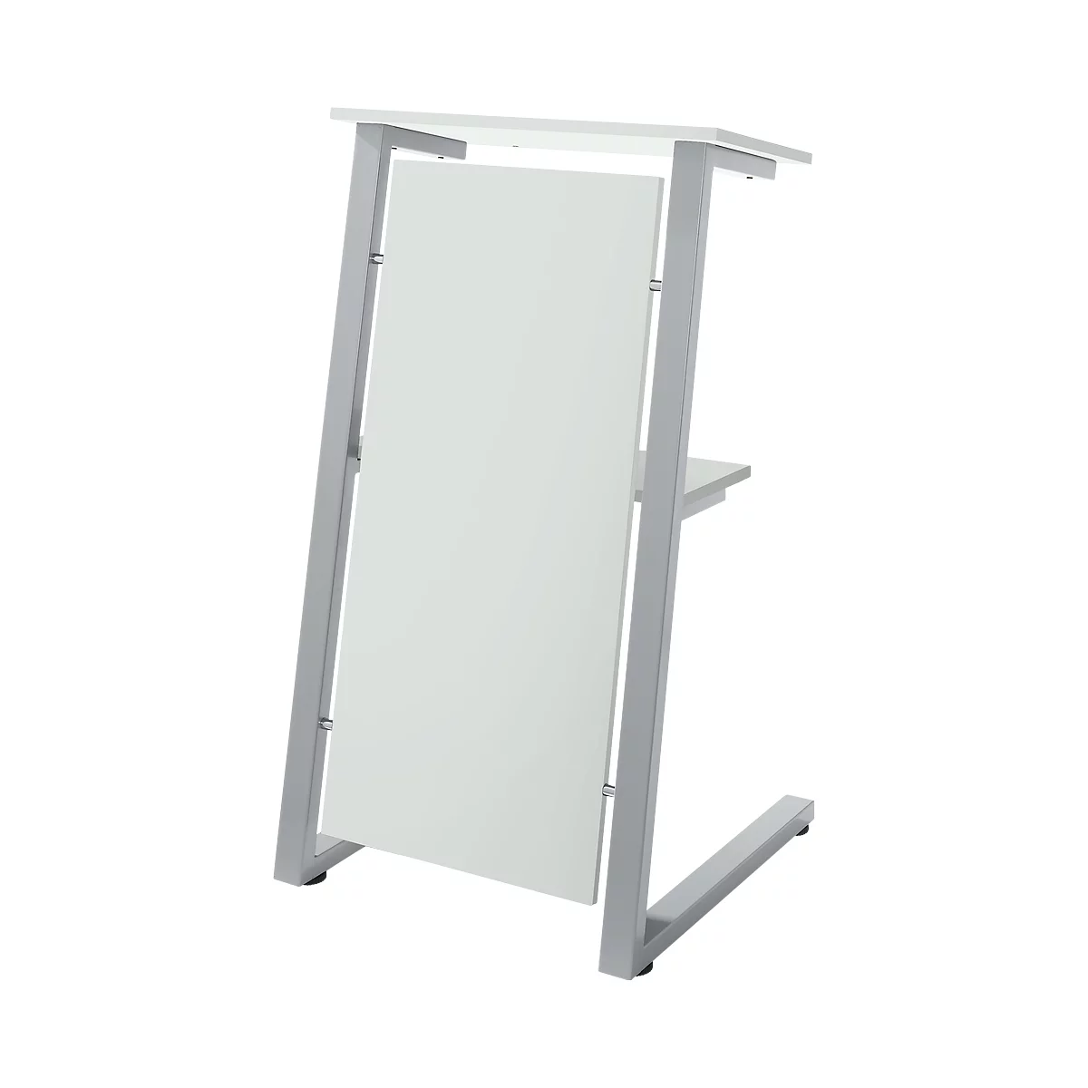 Mesa alta blanca moderna con marco plateado. Placa blanca rectangular, estante debajo, inclinado.