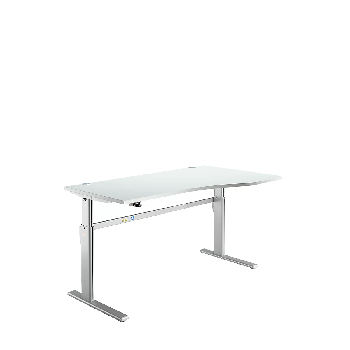 Pupitre estándar, regulable eléctricamente en altura, forma libre, fijación a la derecha, pie en C, ancho 1800 x fondo 1000/800 x alto 725-1185 mm, aluminio gris claro/blanco