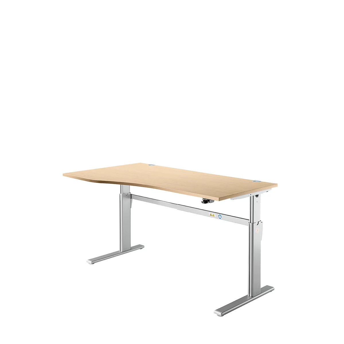 Pupitre estándar, regulable eléctricamente en altura, forma libre, fijación a la izquierda, pie en C, An 1800 x Pr 1000/800 x Al 725-1185 mm, arce/aluminio blanco
