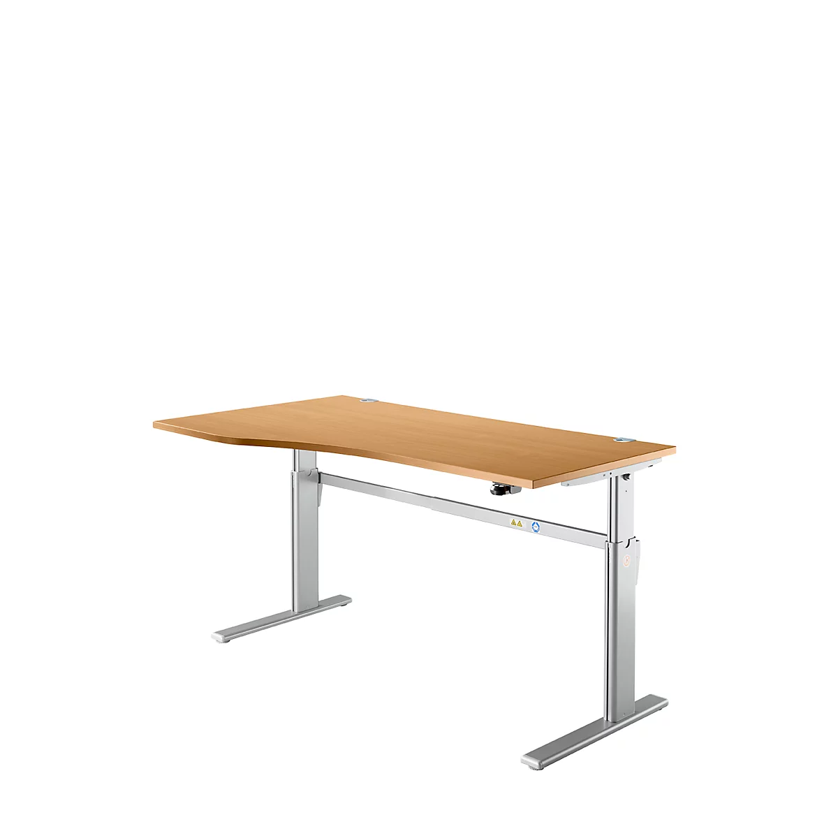 Pupitre estándar, regulable eléctricamente en altura, forma libre, fijación a la izquierda, pie en C, An 1800 x Pr 1000/800 x Al 725-1185 mm, haya/aluminio blanco