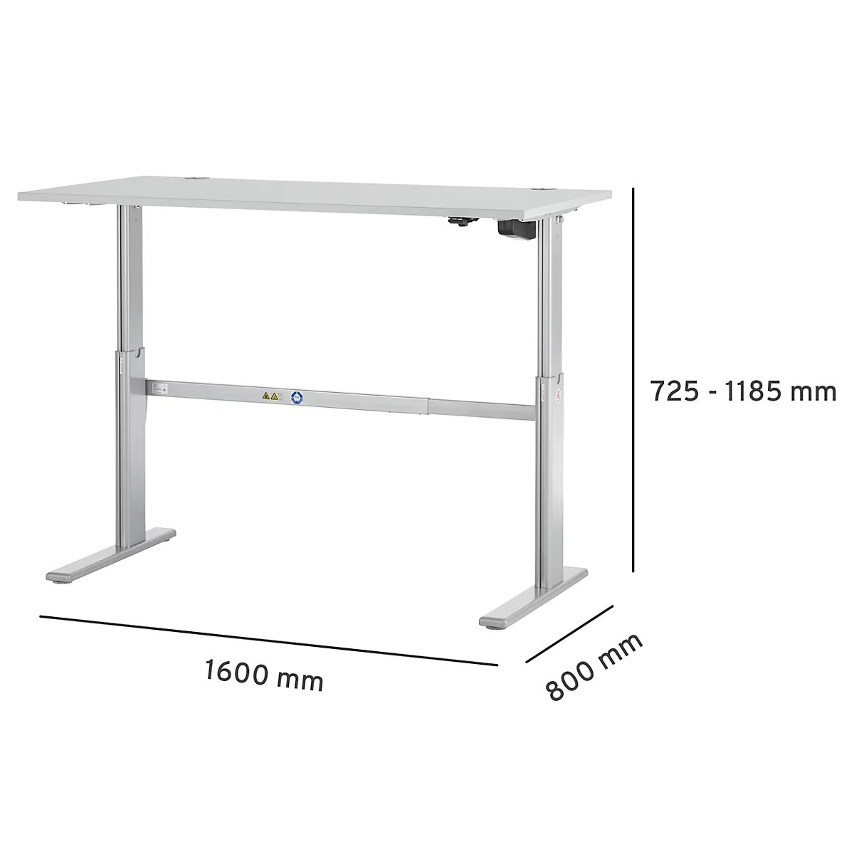 Pupitre estándar, regulable eléctricamente en altura, rectangular, pie en C, ancho 1600 x fondo 800 x alto 725-1185 mm, aluminio gris claro/blanco RAL 9006