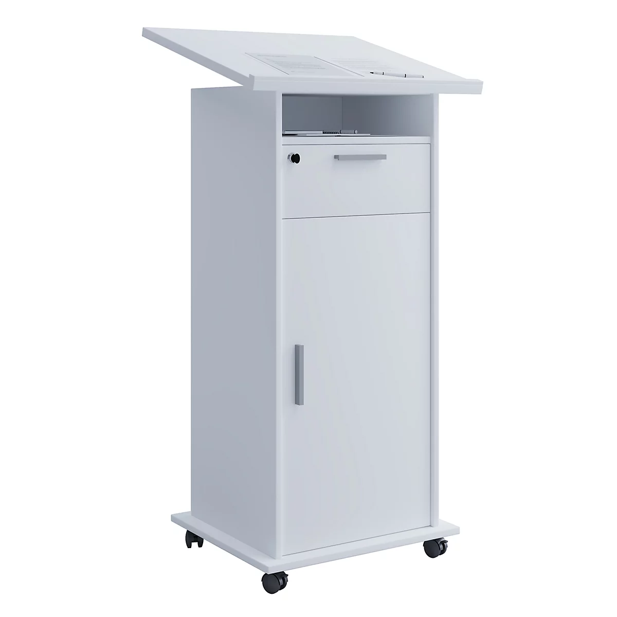 Pupitre Melta, mobile, réglable en hauteur/inclinable, 1 compartiment ouvert, 1 tiroir verrouillable, 2 compartiments avec porte, L 600 x P 500 x H 1090-1200 mm, bois, blanc