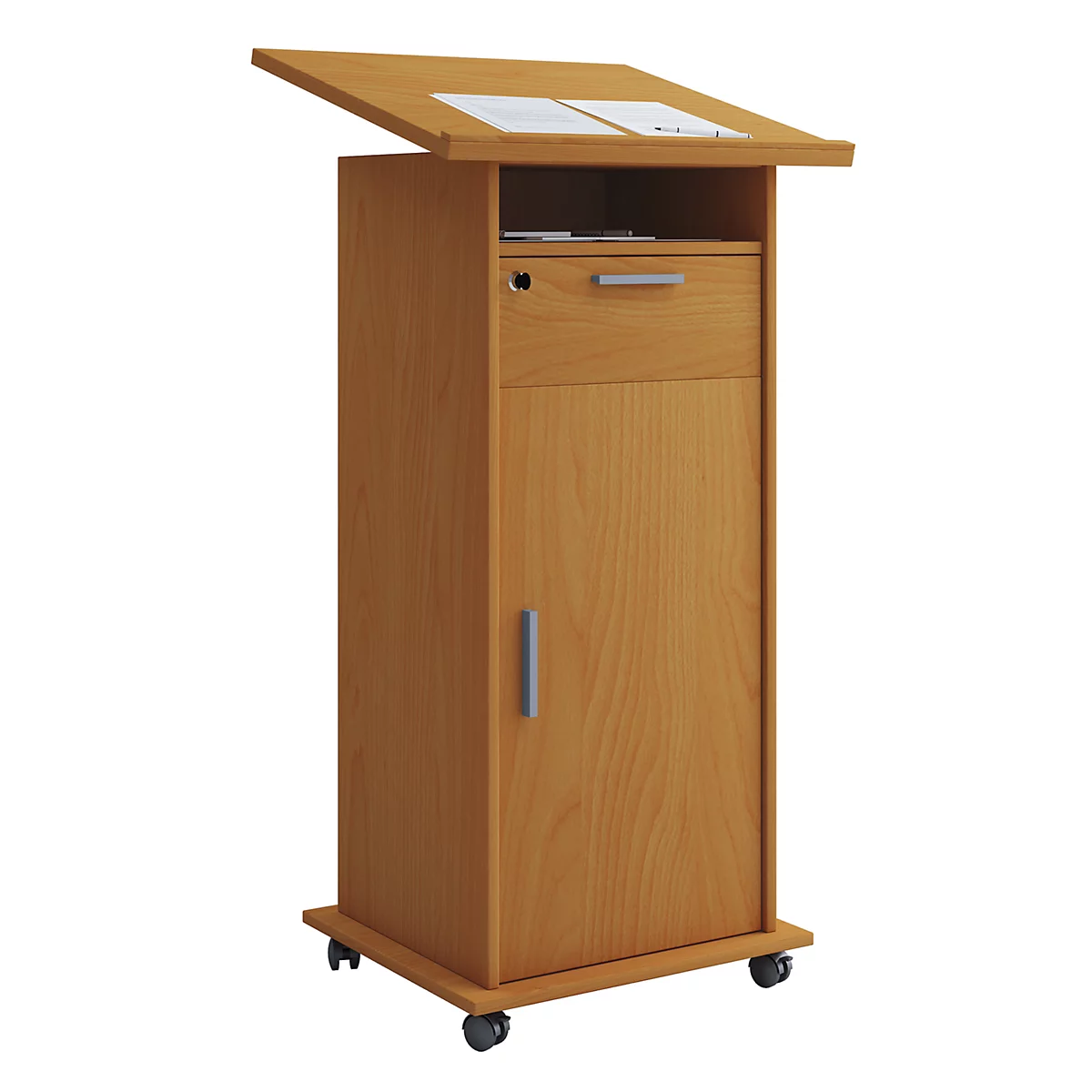 Pupitre Melta, mobile, réglable en hauteur/inclinable, 1 compartiment ouvert, 1 tiroir verrouillable, 2 compartiments avec porte, L 600 x P 500 x H 1090-1200 mm, bois, décor hêtre