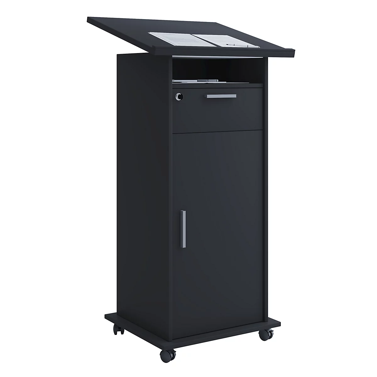 Pupitre Melta, mobile, réglable en hauteur/inclinable, 1 compartiment ouvert, 1 tiroir verrouillable, 2 compartiments avec porte, L 600 x P 500 x H 1090-1200 mm, bois, noir