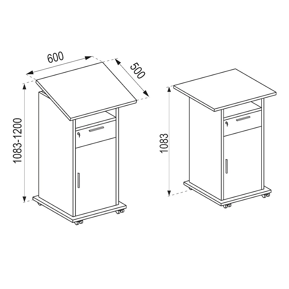 Pupitre Melta, mobile, réglable en hauteur/inclinable, 1 compartiment ouvert, 1 tiroir verrouillable, 2 compartiments avec porte, L 600 x P 500 x H 1090-1200 mm, bois, noir