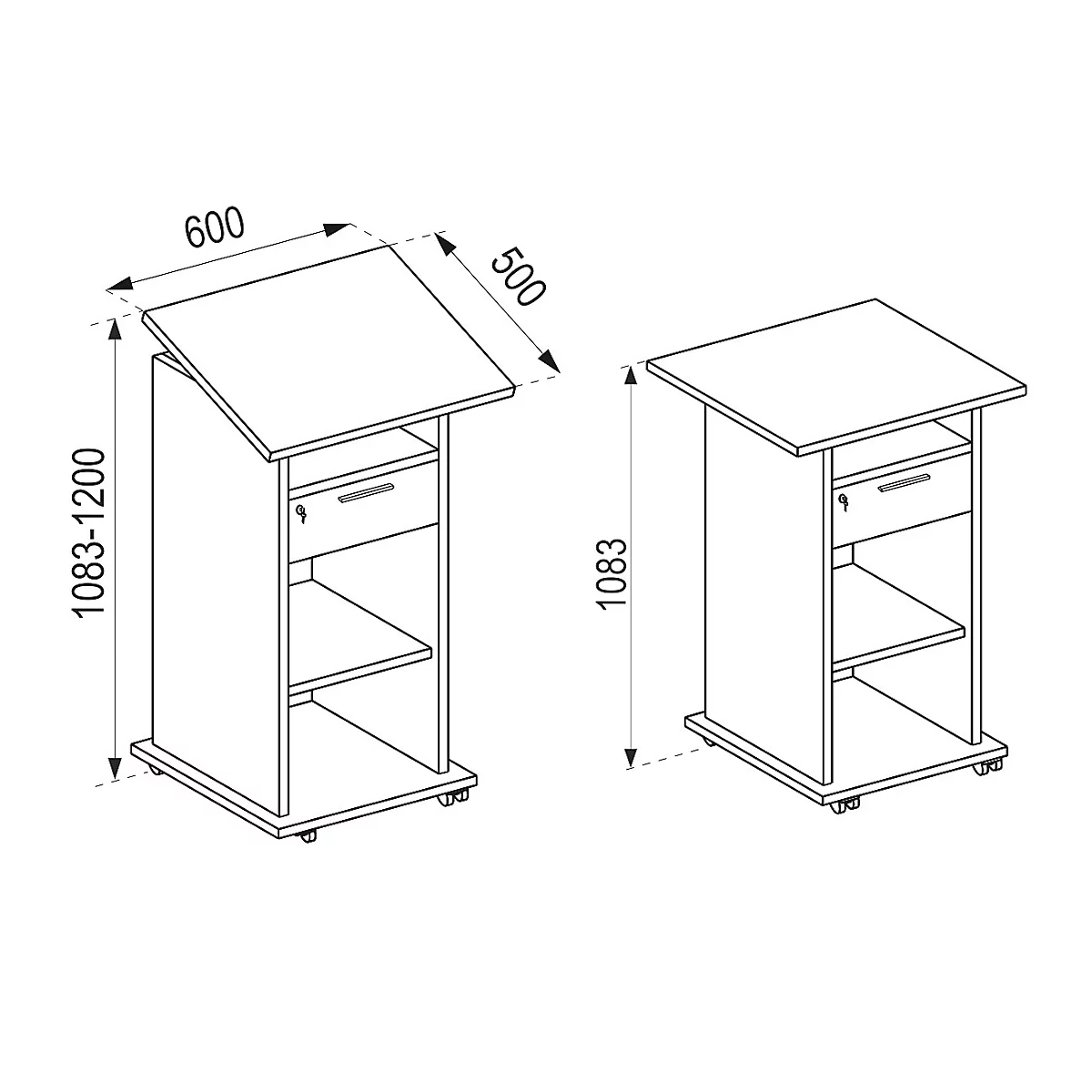 Pupitre Melta, mobile, réglable en hauteur/inclinable, 3 compartiments ouverts &amp; 1 tiroir verrouillable, L 600 x P 500 x H 1090-1200 mm, bois, blanc
