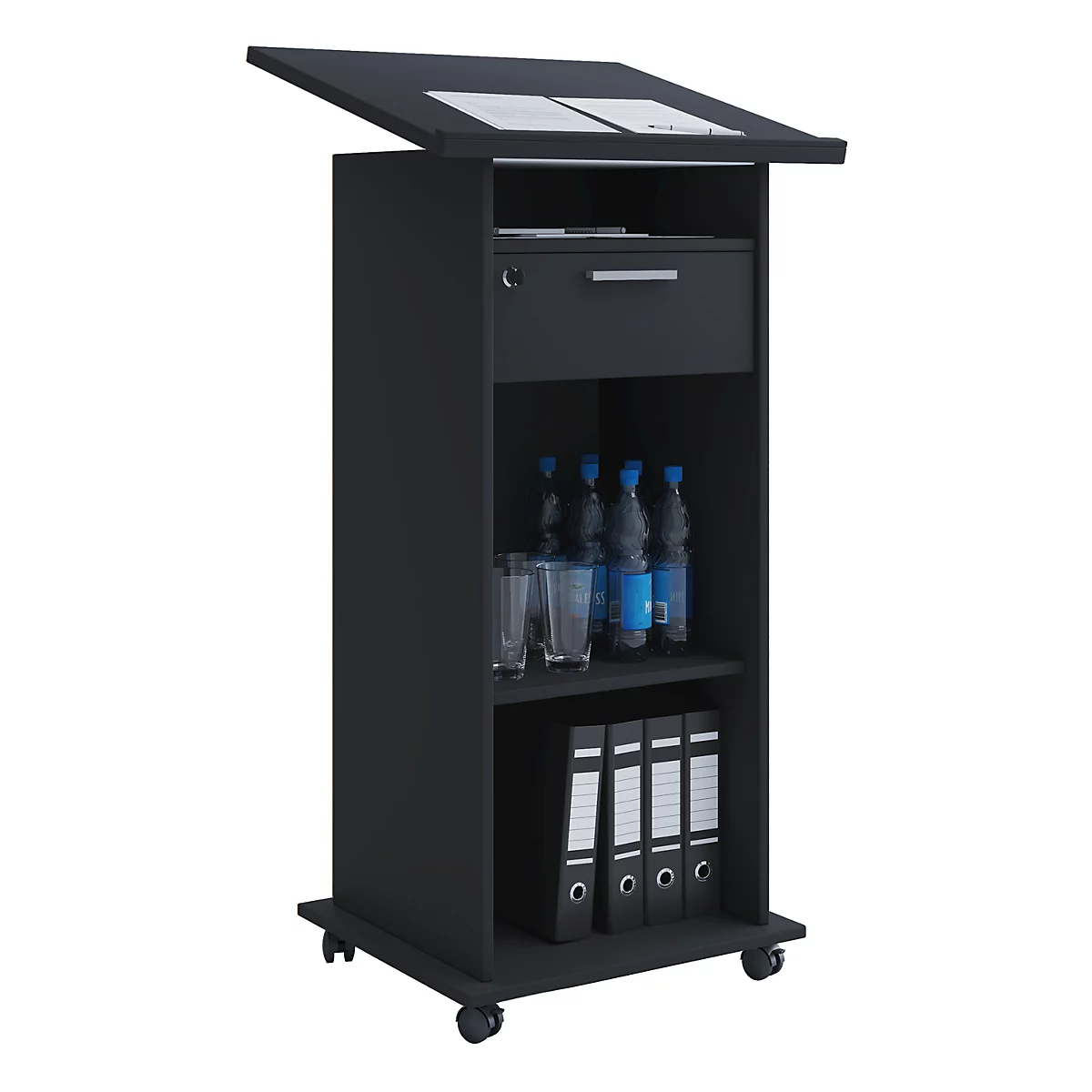 Pupitre Melta, mobile, réglable en hauteur/inclinable, 3 compartiments ouverts &amp; 1 tiroir verrouillable, L 600 x P 500 x H 1090-1200 mm, bois, noir