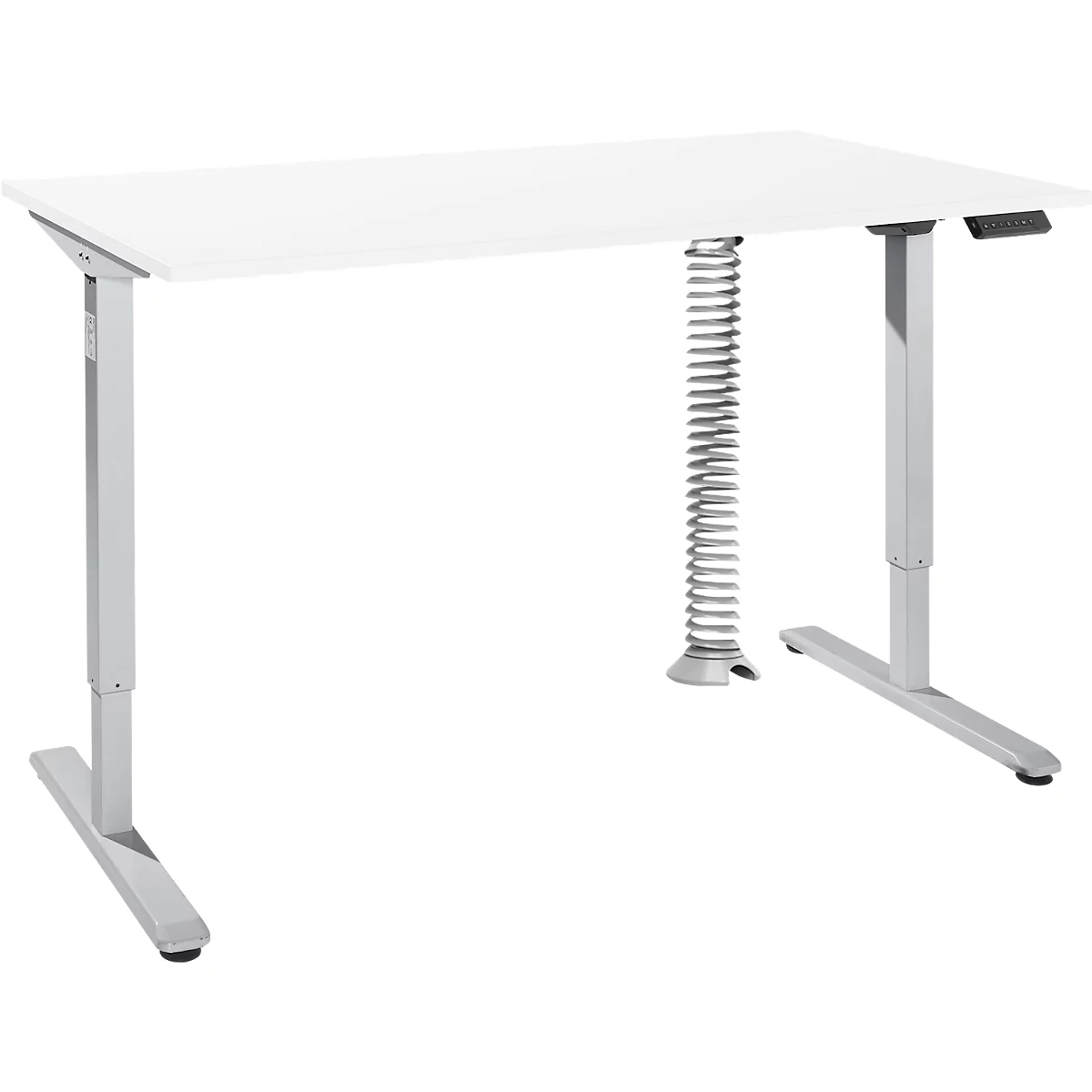 Pupitre, regulable eléctricamente en altura, rectangular, pie en T, ancho 1600 x fondo 800 x alto 755-1255 mm, aluminio blanco/blanco + panel de control con memoria, espiral de cables