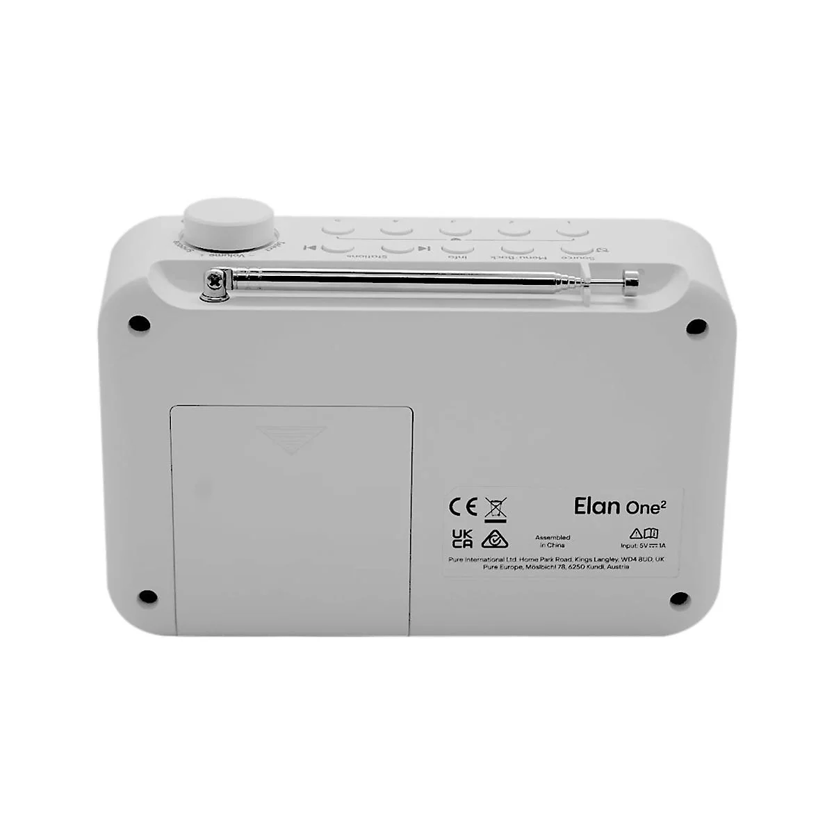 Weißes Elan One² Radio von oben, mit Bedienknöpfen und ausziehbarer Antenne.