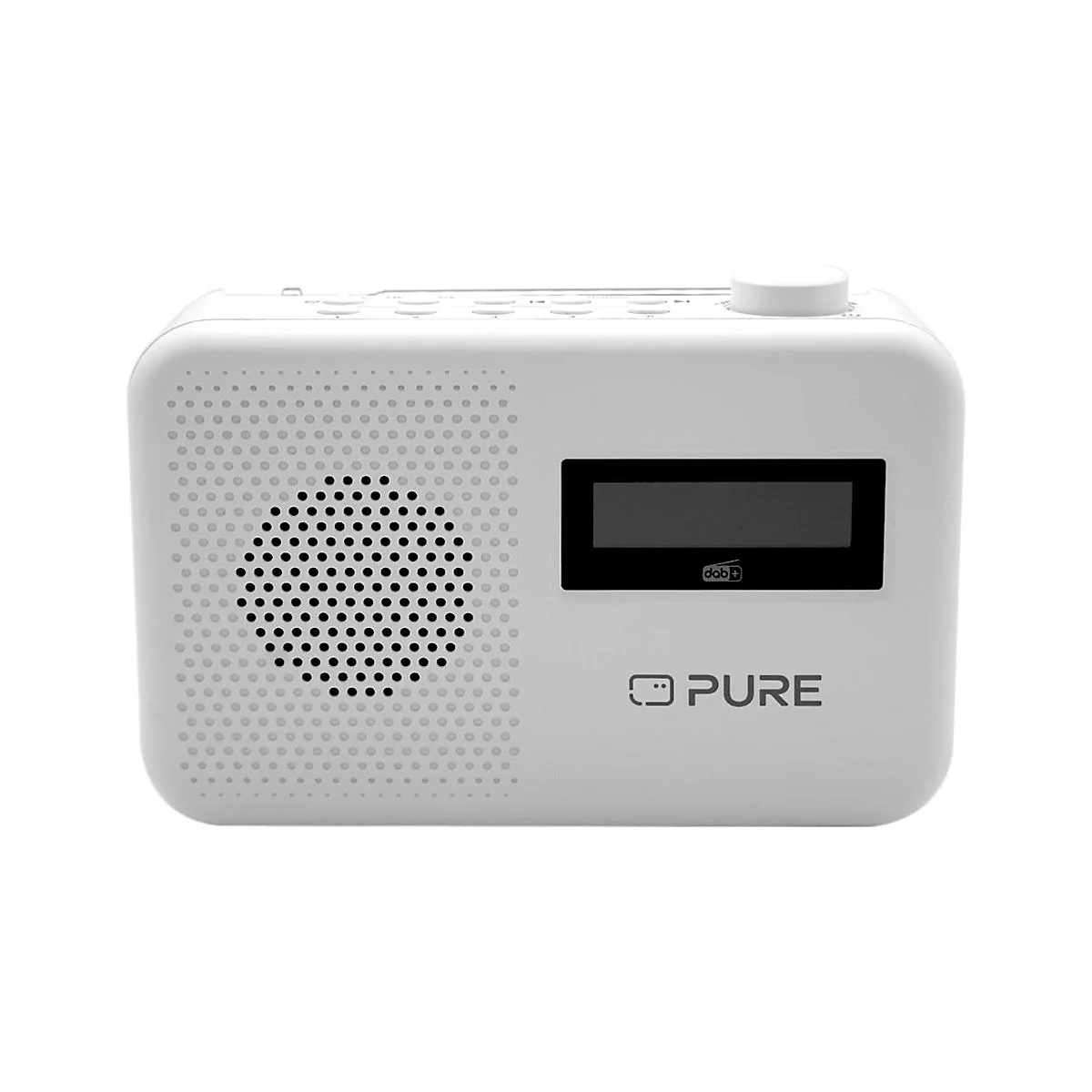 Weißes DAB+ Radio mit schwarzem Display und Lautsprecheröffnungen. Der Markenname "PURE" ist deutlich zu sehen.