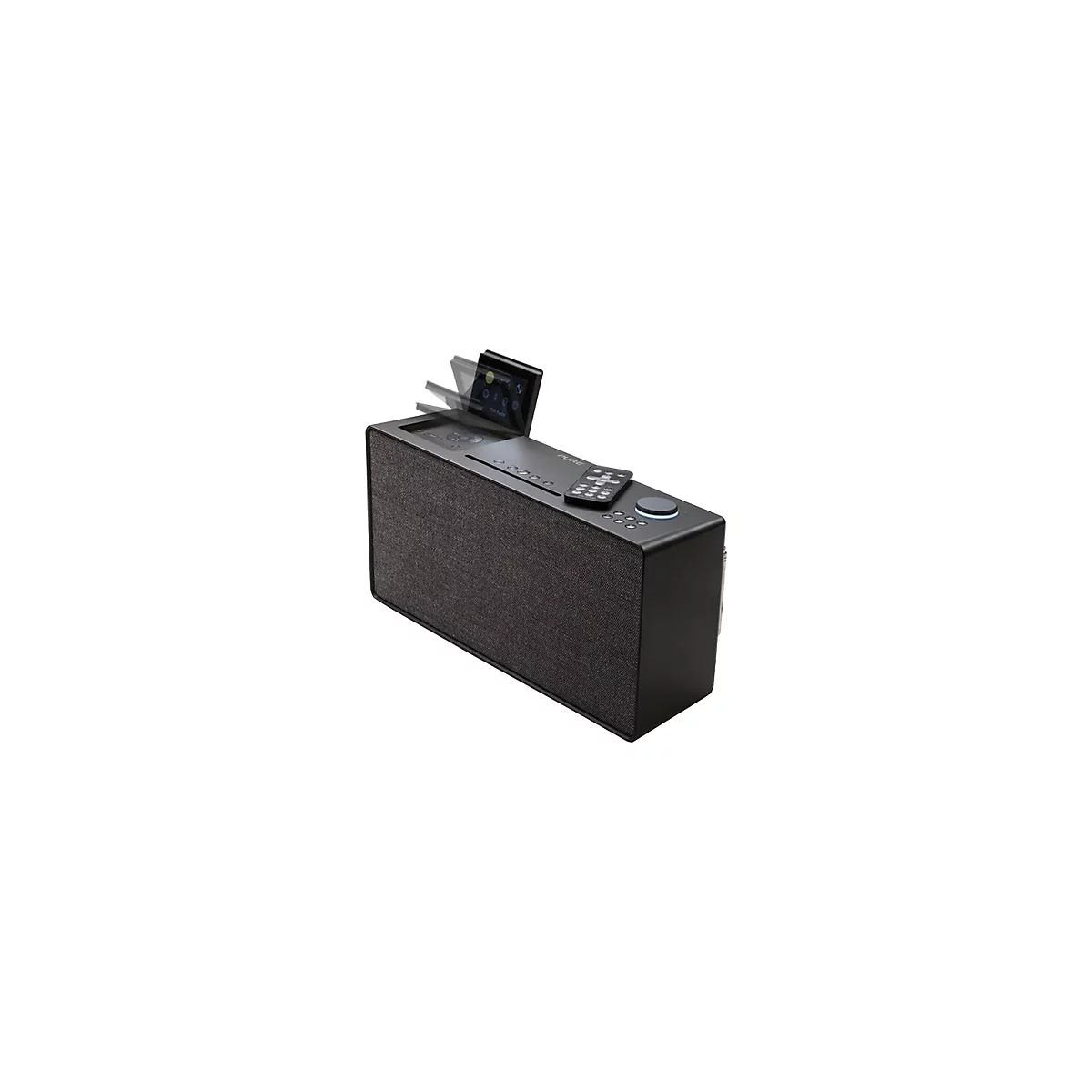 Schwarzes Digitalradio mit aufklappbarem Display und Fernbedienung, vor weißem Hintergrund.