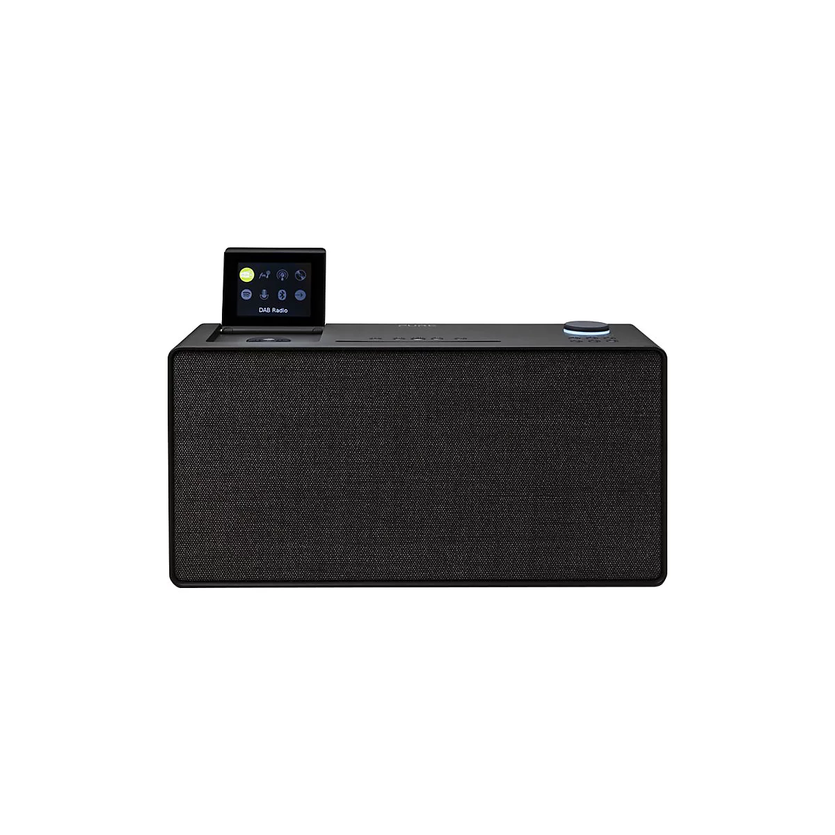 DAB-Radio in Schwarz mit kleinem Display. Auf dem Display sind Symbole abgebildet, die verschiedene Funktionen anzeigen.