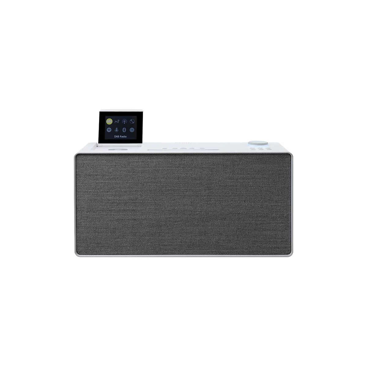 Weißes DAB-Radio mit grauem Gitter und kleinem Bildschirm, auf dem Symbole zu sehen sind.