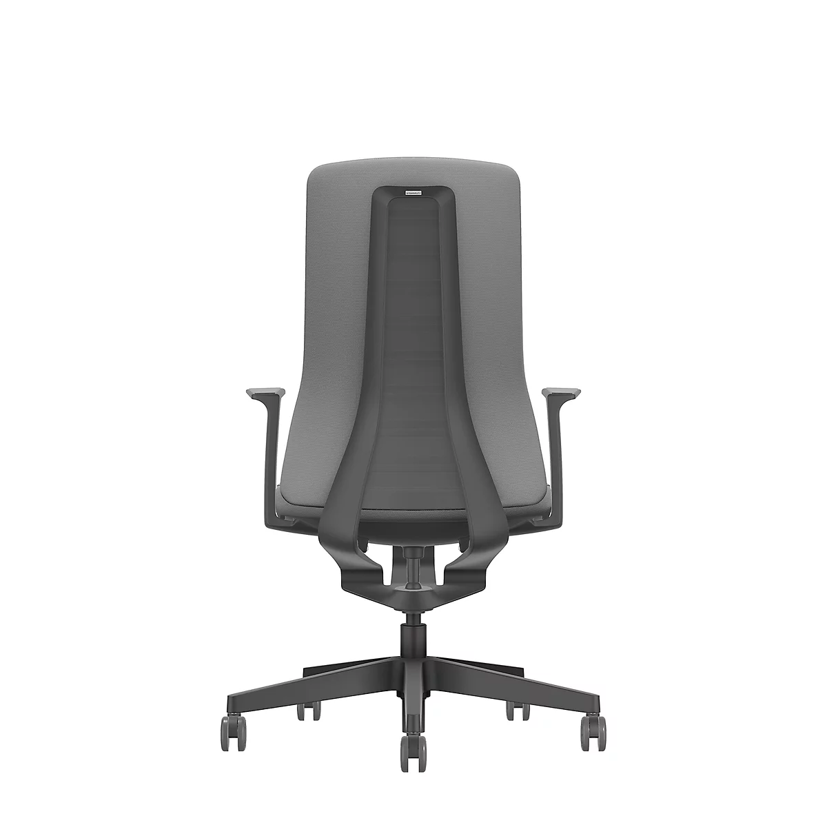 Grey office chair from the back, on castors, with mesh back.
