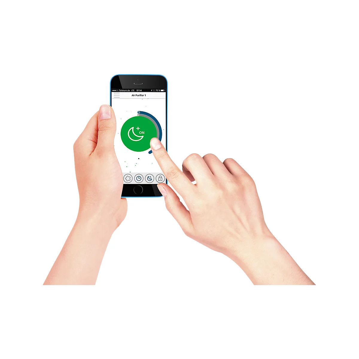 Deux mains tiennent un smartphone. L'écran affiche un mode nuit avec lune et soleil, actionné avec un doigt.
