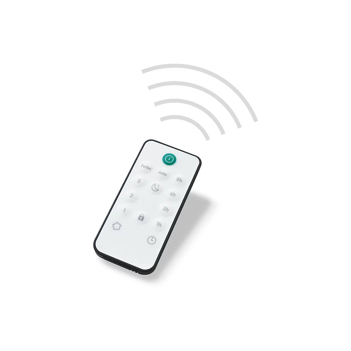 Télécommande blanche avec cadre noir. Boutons : Turbo, Auto, 8h, 1-3, lune, cadenas, temps. Bouton marche/arrêt vert et ondes radio.
