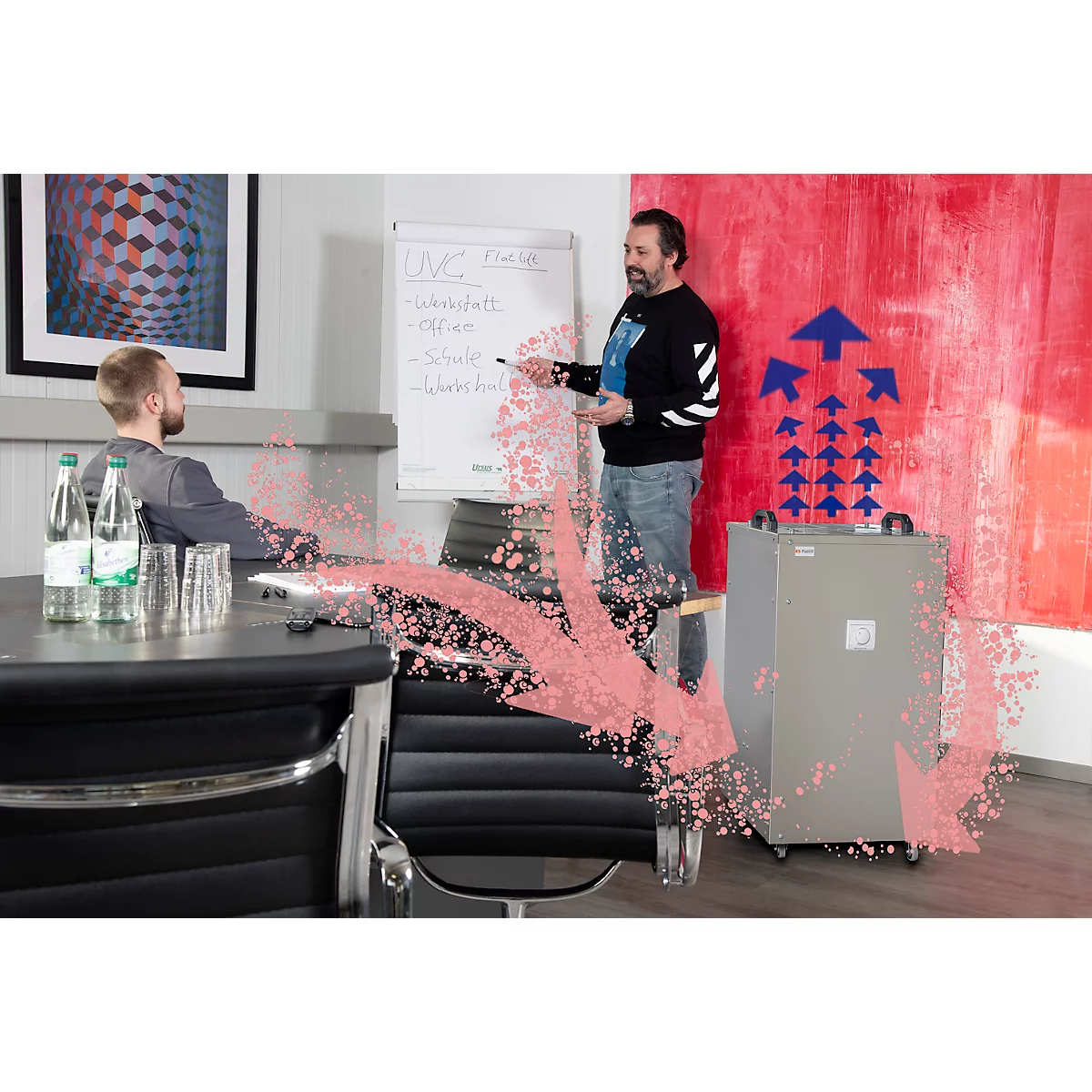 Purificateur d'air UVC Flatlift taille L, puissance 116 W, jusqu'à 1450 m³/h, pour des pièces jusqu'à 150 m², jusqu'à 8000 h, roulettes, acier inoxydable, L 490 x P 490 x H 860 mm