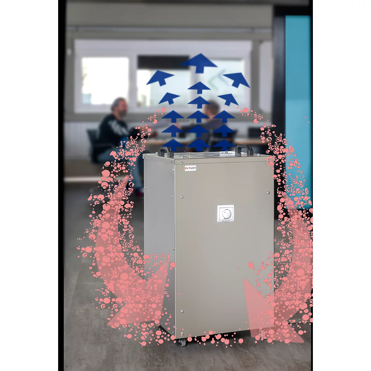 Purificateur d'air UVC Flatlift taille L, puissance 116 W, jusqu'à 1450 m³/h, pour des pièces jusqu'à 150 m², jusqu'à 8000 h, roulettes, acier inoxydable, L 490 x P 490 x H 860 mm