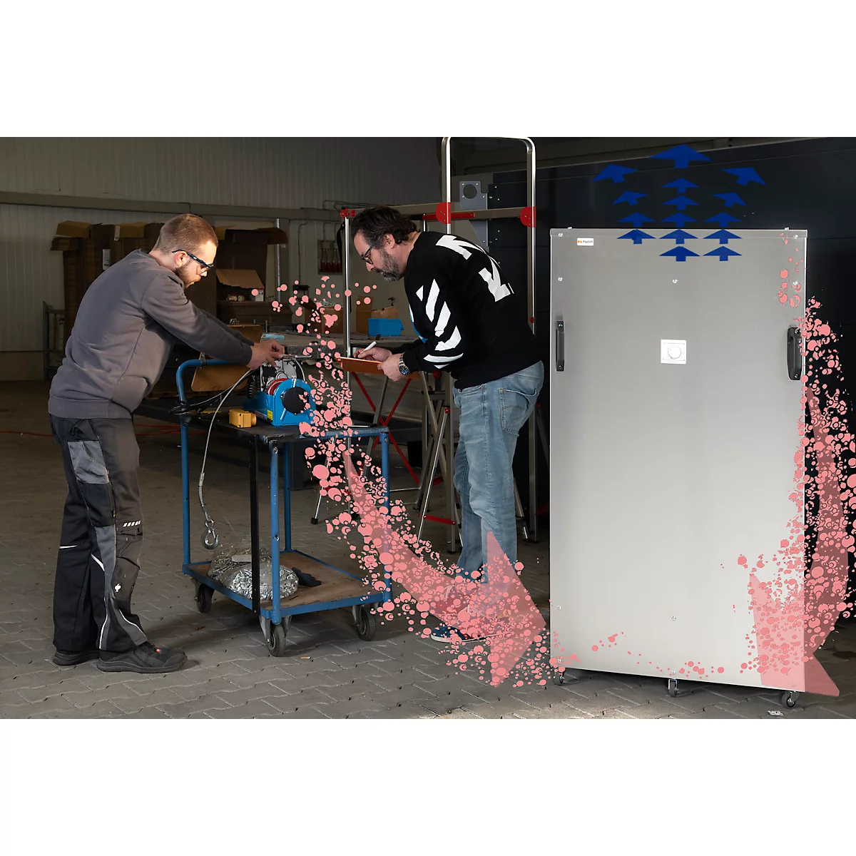 Purificateur d'air UVC Flatlift taille XL, puissance 220 W, jusqu'à 4410 m³/h, pour des pièces jusqu'à 500 m², jusqu'à 8000 h, roulettes, acier inoxydable, L 813 x P 813 x H 1600 mm