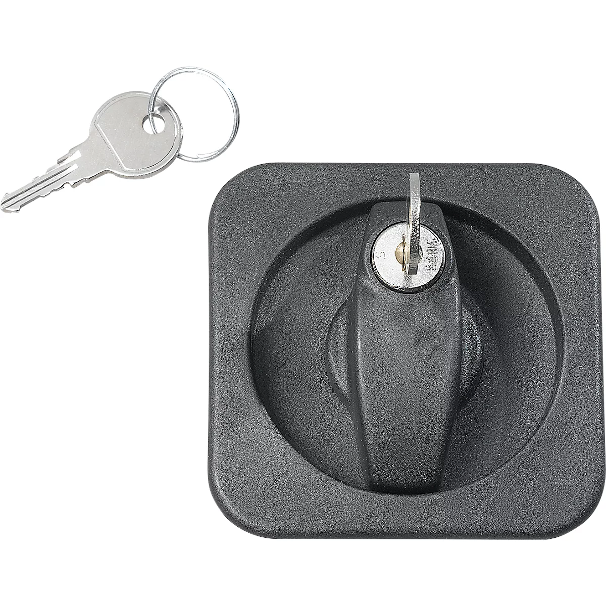 A black padlock with a key next to it. The key is inserted into the lock.