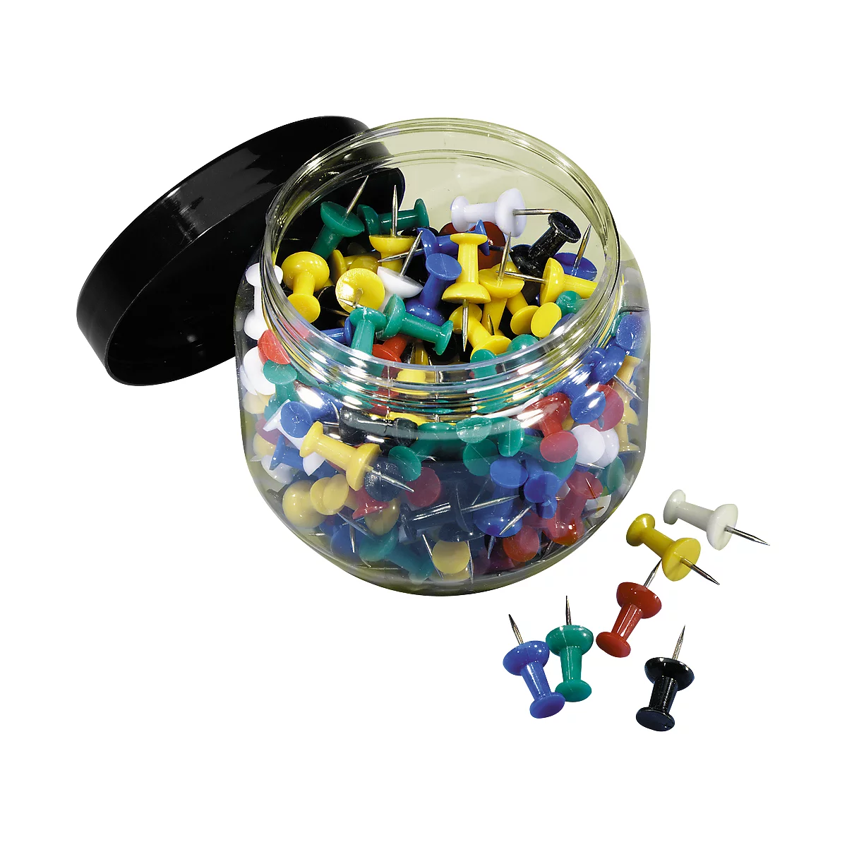 A jar of colorful push pins. Lid is beside it. Some are scattered.