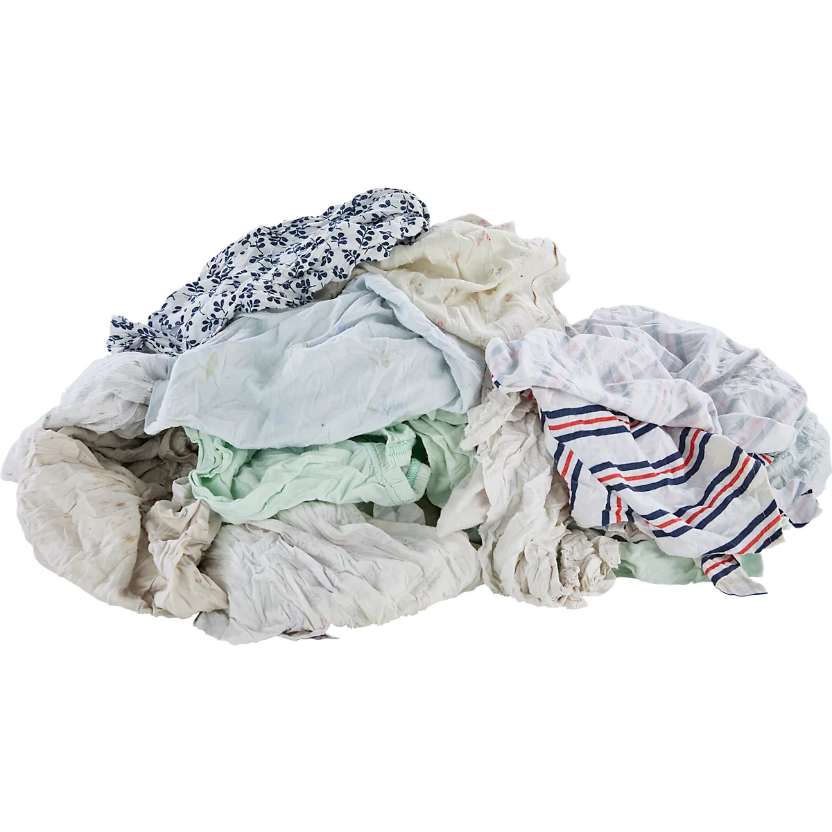 Ein Haufen gefalteter und zerknitterter Stoffe in verschiedenen Farben: Weiß, Blau, Grün, Beige.