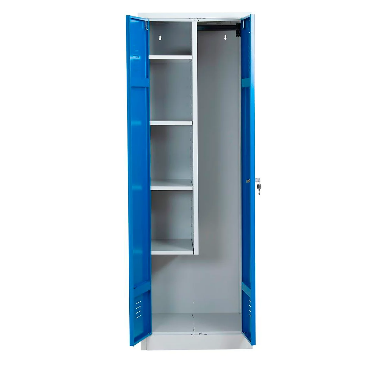 Putzmittelschrank, B 600 mm, 4 Böden, verkürzte Mitteltrennwand, abschließbar, enzianblau RAL 5010/l.grau RAL 7035