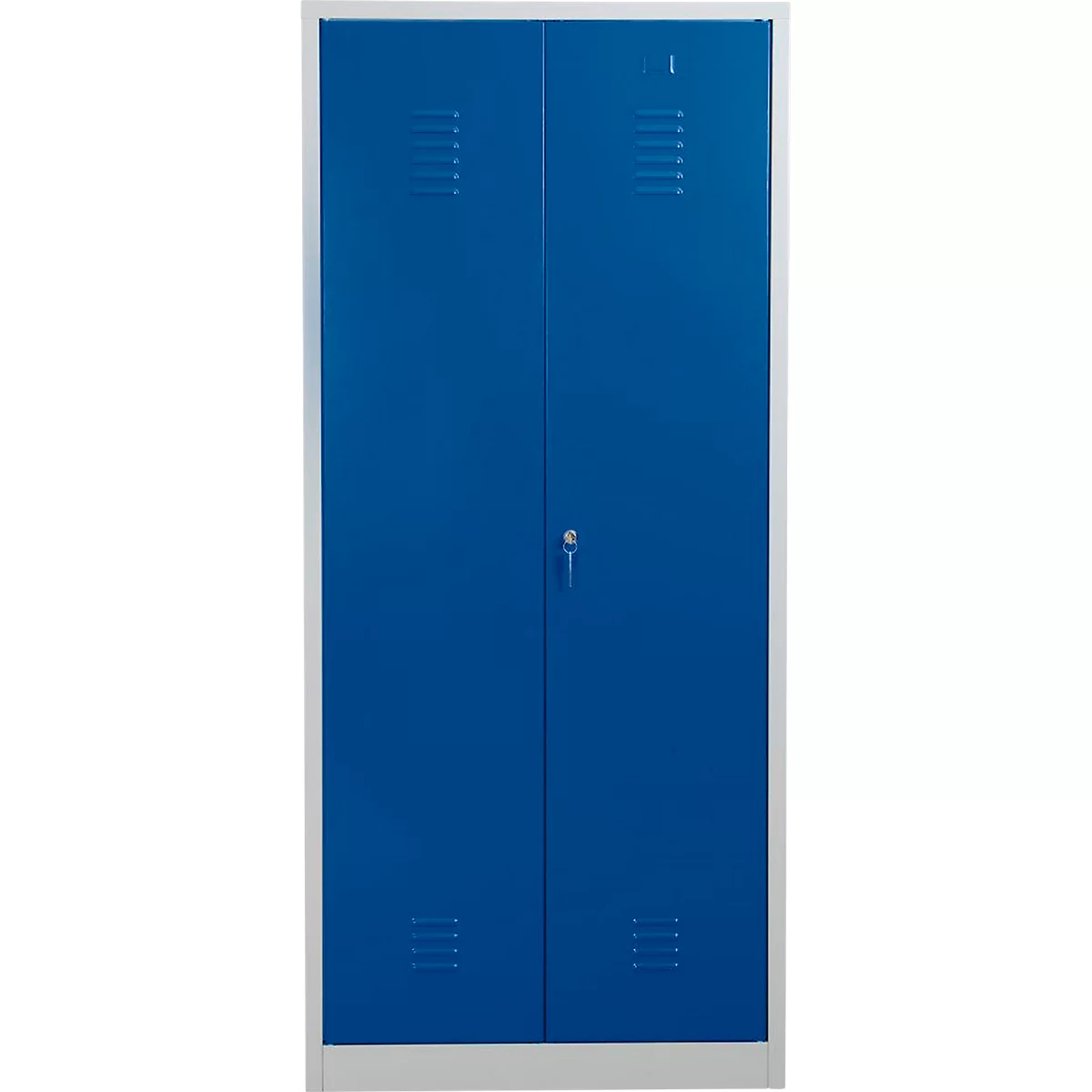 Blauer Stahlschrank mit zwei Türen, Belüftungsschlitzen und zentralem Schloss vor hellem Hintergrund.