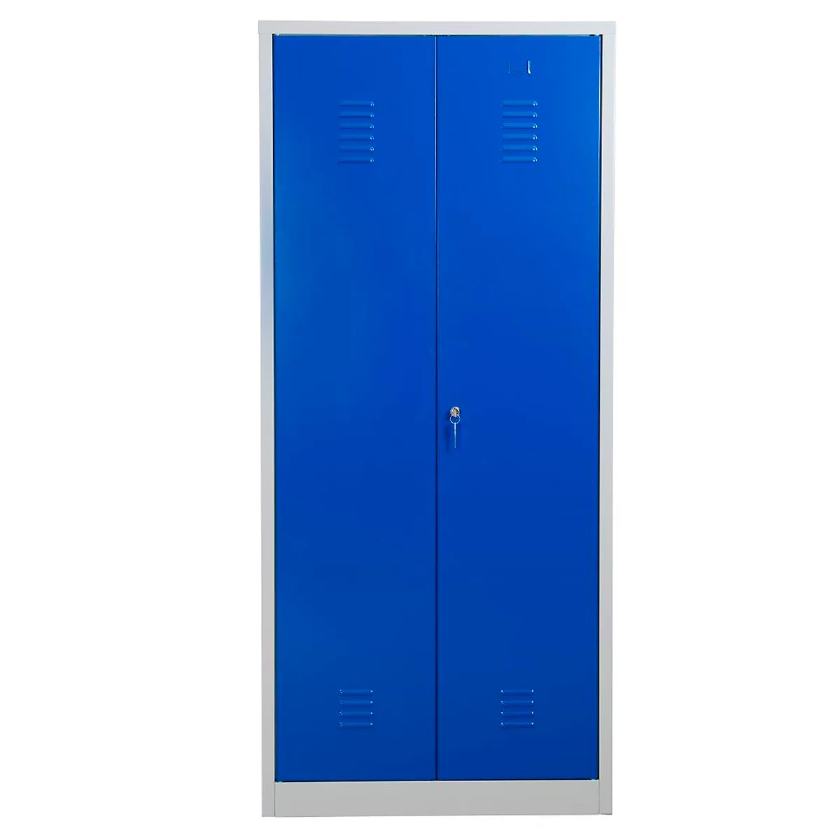 Putzmittelschrank, B 800 mm, 4 Böden, verkürzte Mitteltrennwand, abschließbar, enzianblau RAL 5010/l.grau RAL 7035