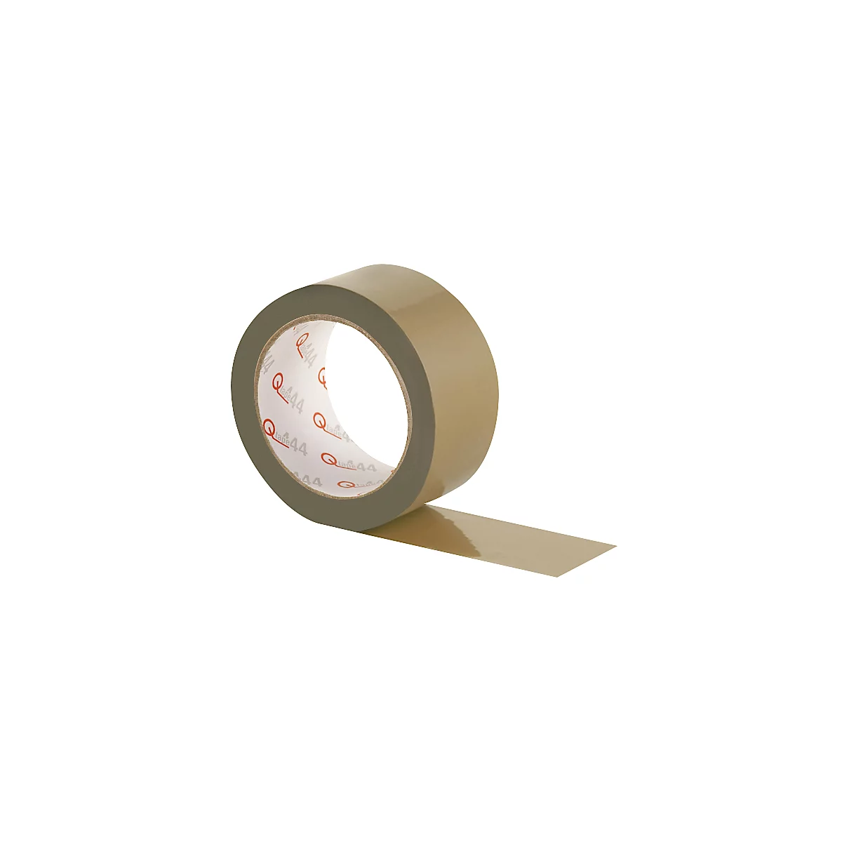 Roll of brown packing tape, with a strip extending. Red logos and text on the inner ring.