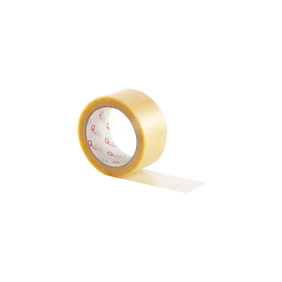 A roll of transparent adhesive tape. On the core the logo 'Q44'. A piece of tape rolled out is next to it.