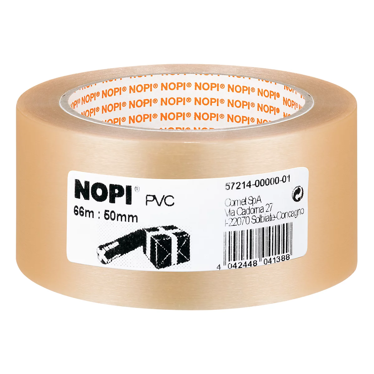 Roll of transparent adhesive tape. Sticker with product information: NOPI PVC, 66m: 50mm, and barcode.