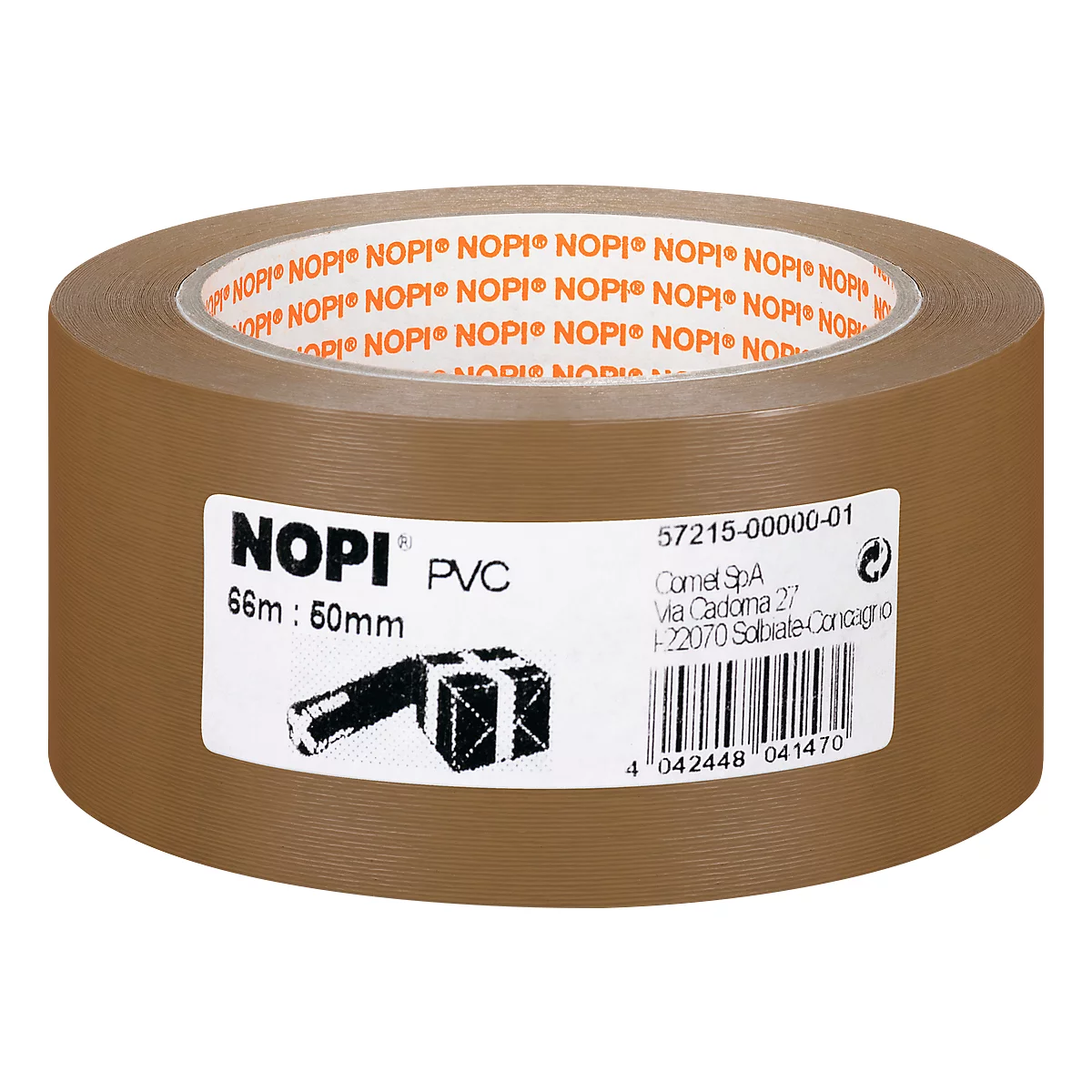 Roll of brown adhesive tape with the label "NOPI PVC", product information label.