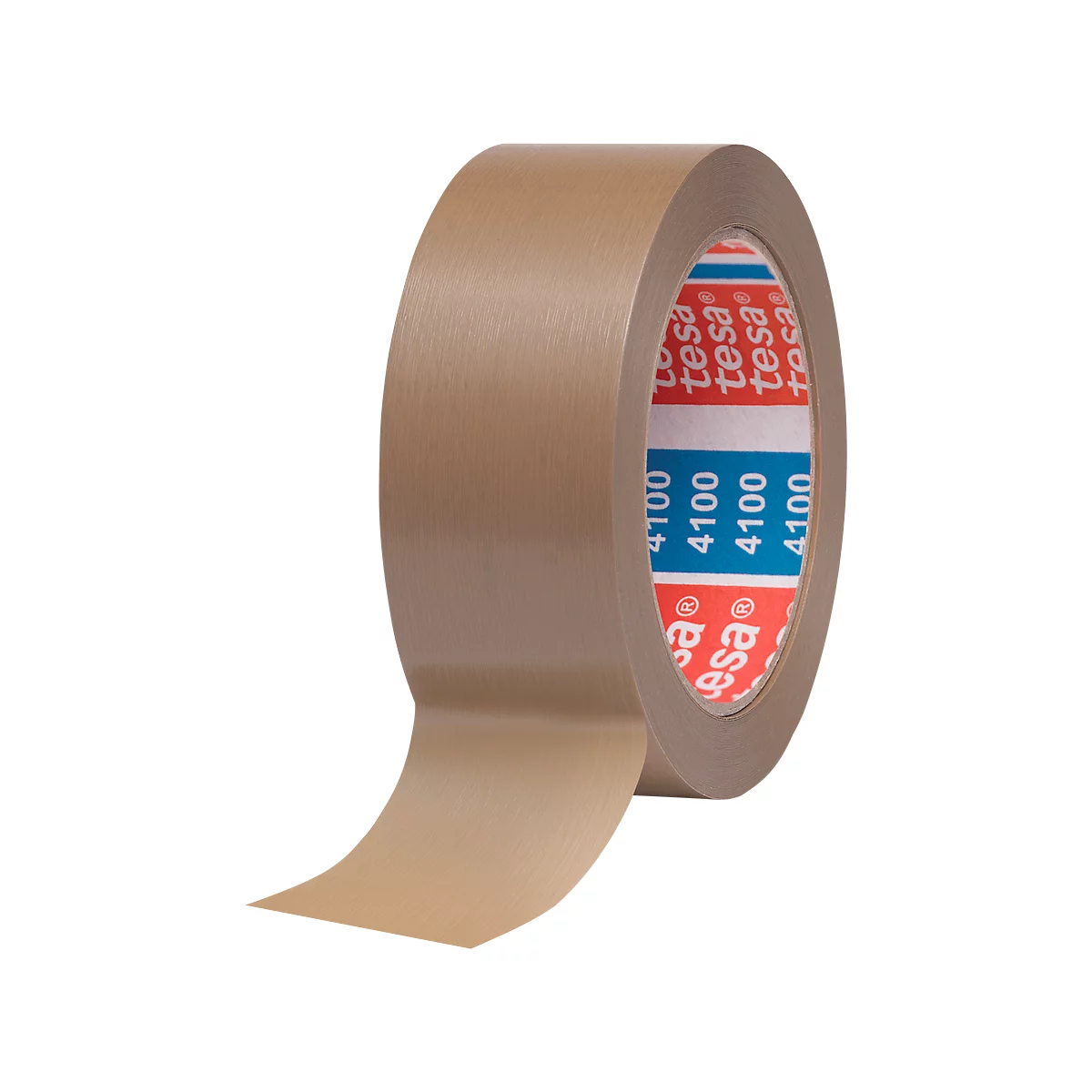Brown tesa adhesive tape, slightly unrolled, with a red logo.