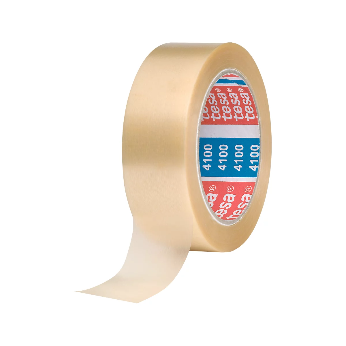 Transparent Tesafilm roll, half unrolled. The logo and article number '4100' are visible on the roll.