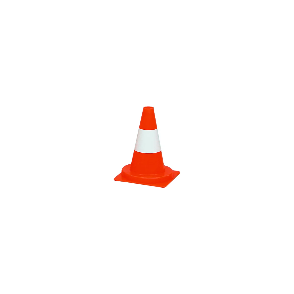 An orange traffic cone with a white reflector band, stands against a white background.