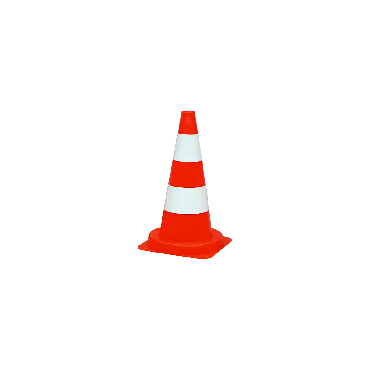Traffic cone: An orange cone with two white stripes. The base is square.